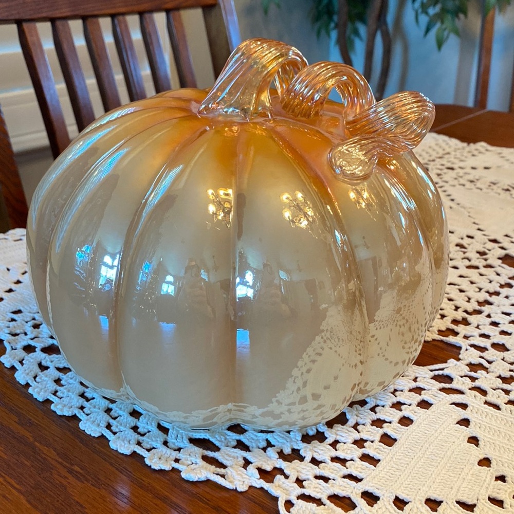 Iridescent heavy glass pumpkin weighs over four pounds mint condition 8.5” x 7”